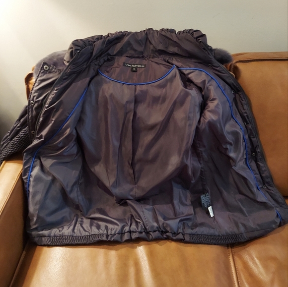 Rabbit fur collar waterfowl feather puffer- removable collar/belt by Via Spiga - Picture 6 of 16